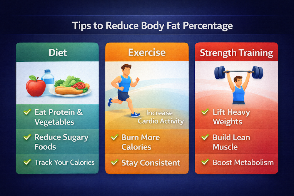 Tips to reduce body fat percentage diet exercise strength training cardio sleep